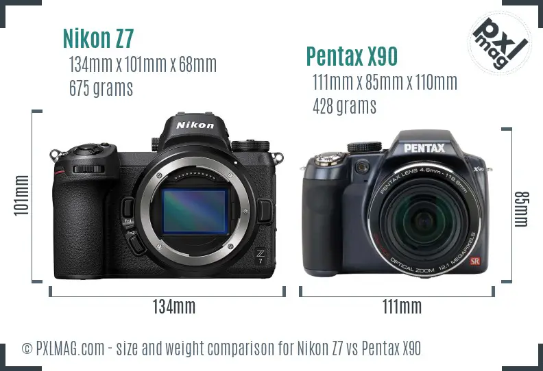 Nikon Z7 vs Pentax X90 size comparison