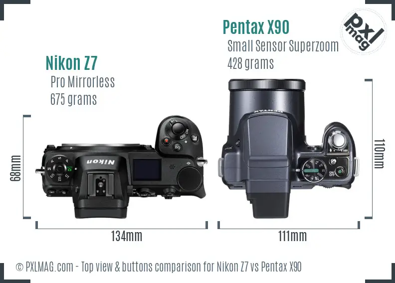 Nikon Z7 vs Pentax X90 top view buttons comparison