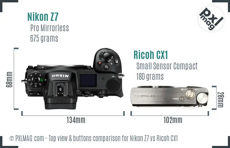 Nikon Z7 vs Ricoh CX1 top view buttons comparison Nikon Z7 vs Ricoh CX1 top view buttons comparison