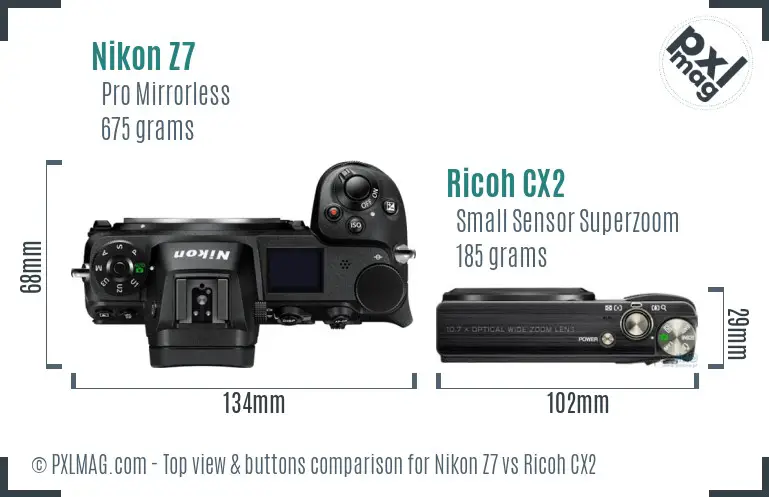 Nikon Z7 vs Ricoh CX2 top view buttons comparison