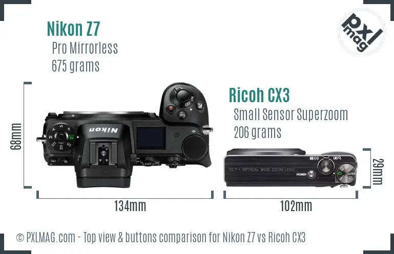 Nikon Z7 vs Ricoh CX3 top view buttons comparison