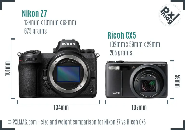 Nikon Z7 vs Ricoh CX5 size comparison