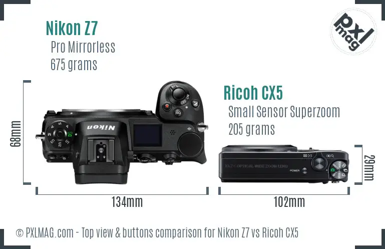 Nikon Z7 vs Ricoh CX5 top view buttons comparison