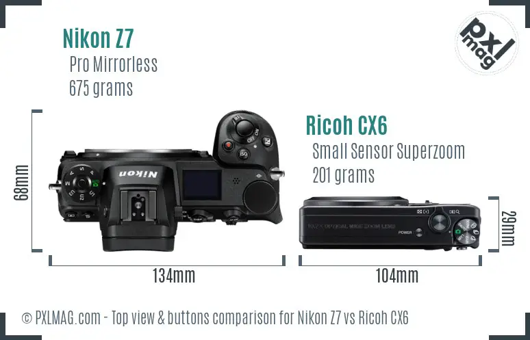 Nikon Z7 vs Ricoh CX6 top view buttons comparison Nikon Z7 vs Ricoh CX6 top view buttons comparison