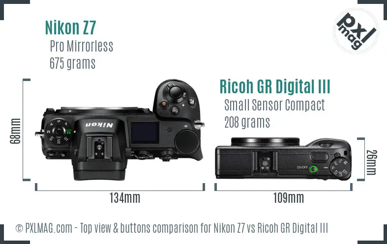 Nikon Z7 vs Ricoh GR Digital III top view buttons comparison