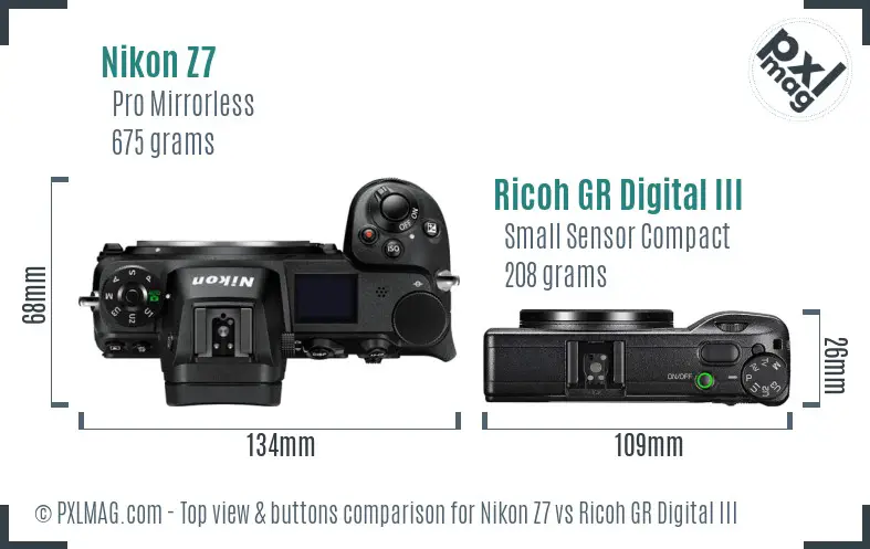 Nikon Z7 vs Ricoh GR Digital III top view buttons comparison Nikon Z7 vs Ricoh GR Digital III top view buttons comparison