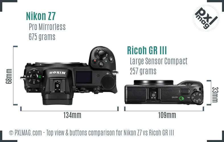 Nikon Z7 vs Ricoh GR III top view buttons comparison