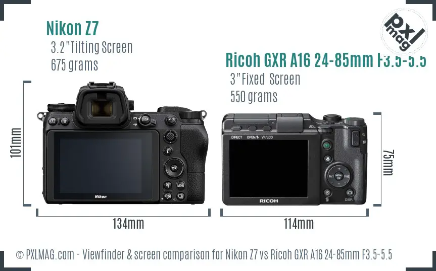 Nikon Z7 vs Ricoh GXR A16 24-85mm F3.5-5.5 Screen and Viewfinder comparison