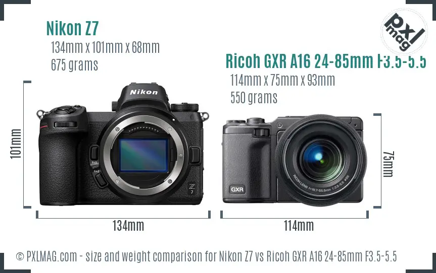 Nikon Z7 vs Ricoh GXR A16 24-85mm F3.5-5.5 size comparison