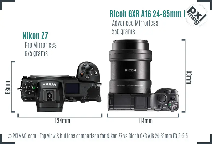 Nikon Z7 vs Ricoh GXR A16 24-85mm F3.5-5.5 top view buttons comparison