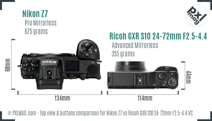 Nikon Z7 vs Ricoh GXR S10 24-72mm F2.5-4.4 VC top view buttons comparison