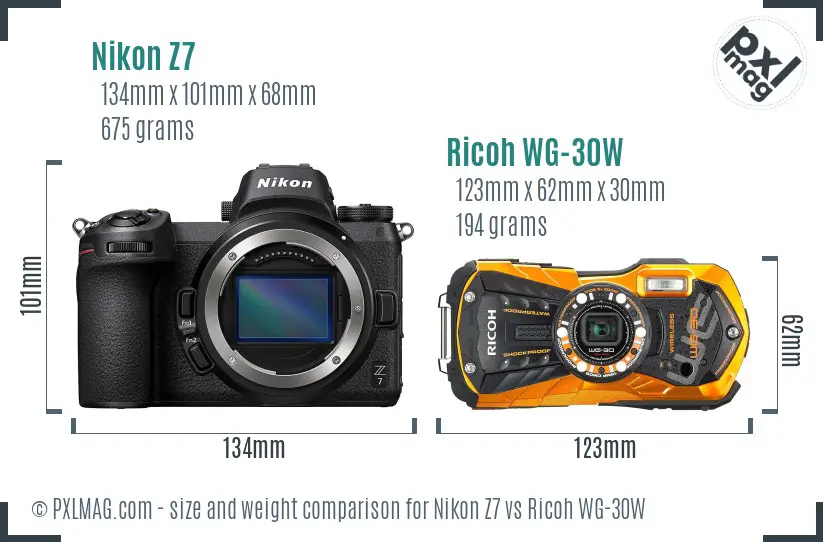 Nikon Z7 vs Ricoh WG-30W size comparison