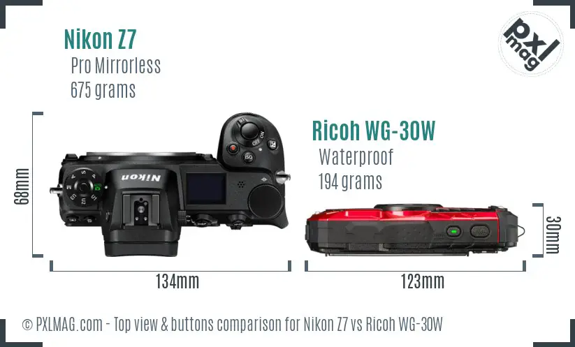 Nikon Z7 vs Ricoh WG-30W top view buttons comparison