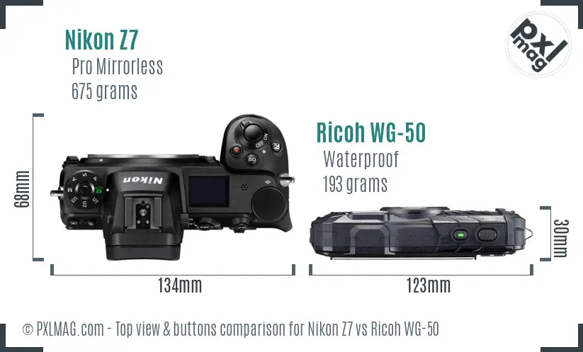 Nikon Z7 vs Ricoh WG-50 top view buttons comparison