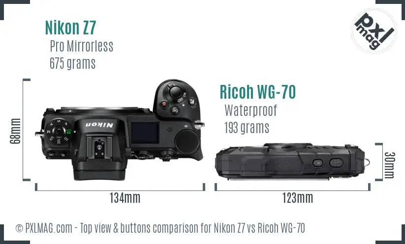 Nikon Z7 vs Ricoh WG-70 top view buttons comparison