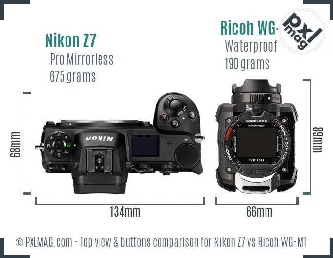 Nikon Z7 vs Ricoh WG-M1 top view buttons comparison