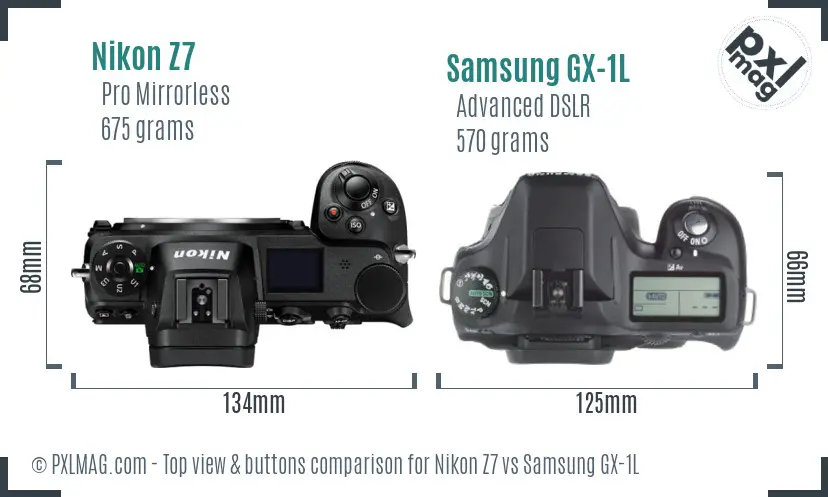 Nikon Z7 vs Samsung GX-1L top view buttons comparison Nikon Z7 vs Samsung GX-1L top view buttons comparison
