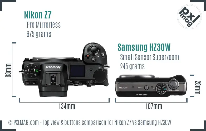 Nikon Z7 vs Samsung HZ30W top view buttons comparison Nikon Z7 vs Samsung HZ30W top view buttons comparison