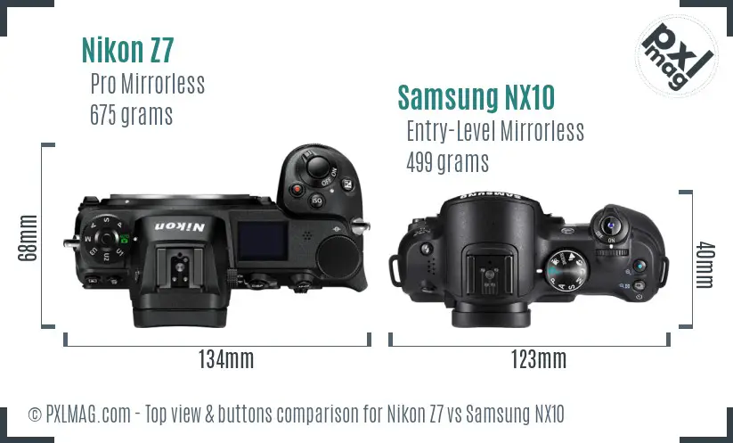 Nikon Z7 vs Samsung NX10 top view buttons comparison