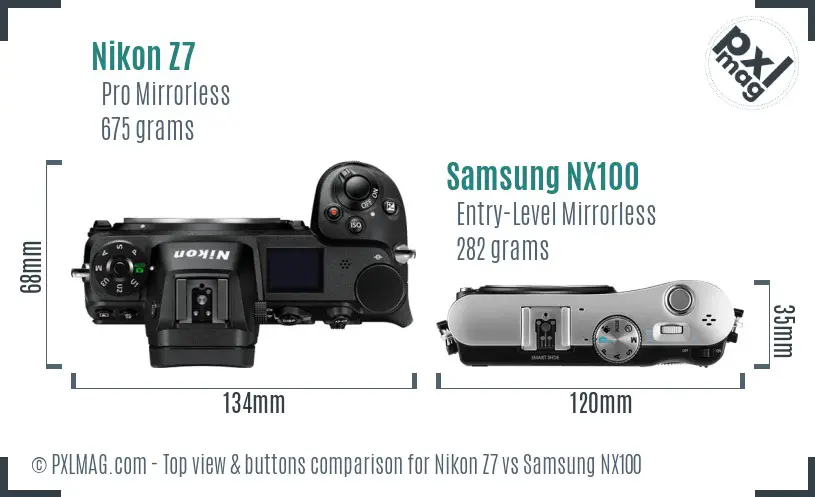 Nikon Z7 vs Samsung NX100 top view buttons comparison Nikon Z7 vs Samsung NX100 top view buttons comparison