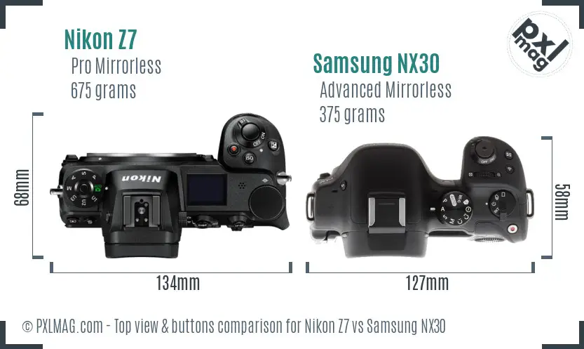 Nikon Z7 vs Samsung NX30 top view buttons comparison