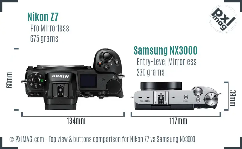 Nikon Z7 vs Samsung NX3000 top view buttons comparison
