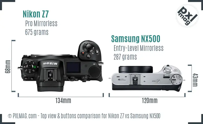 Nikon Z7 vs Samsung NX500 top view buttons comparison