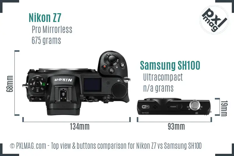 Nikon Z7 vs Samsung SH100 top view buttons comparison Nikon Z7 vs Samsung SH100 top view buttons comparison