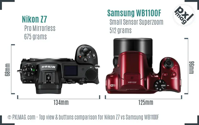 Nikon Z7 vs Samsung WB1100F top view buttons comparison