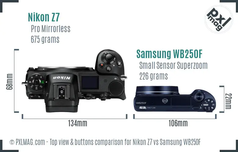 Nikon Z7 vs Samsung WB250F top view buttons comparison
