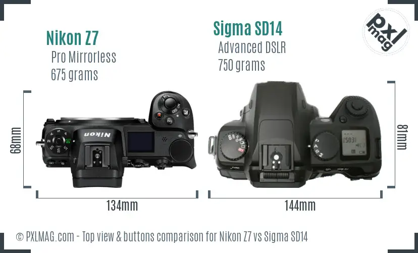 Nikon Z7 vs Sigma SD14 top view buttons comparison