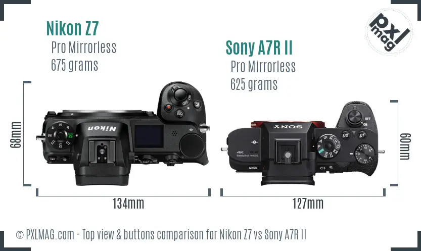 Nikon Z7 vs Sony A7R II top view buttons comparison
