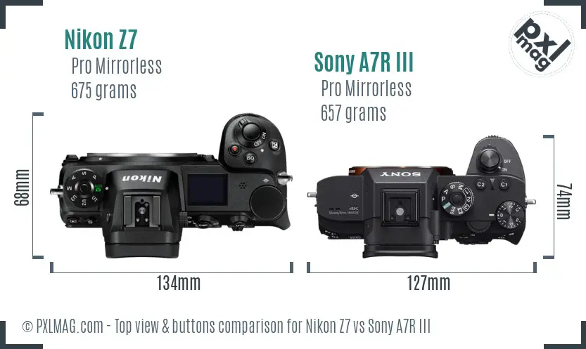 Nikon Z7 vs Sony A7R III top view buttons comparison