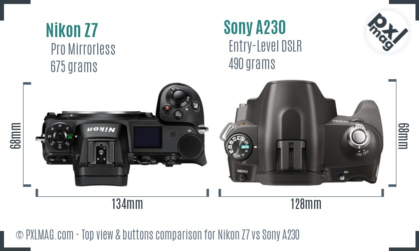 Nikon Z7 vs Sony A230 top view buttons comparison