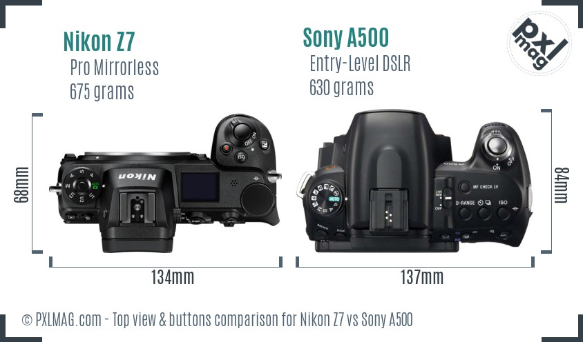Nikon Z7 vs Sony A500 top view buttons comparison