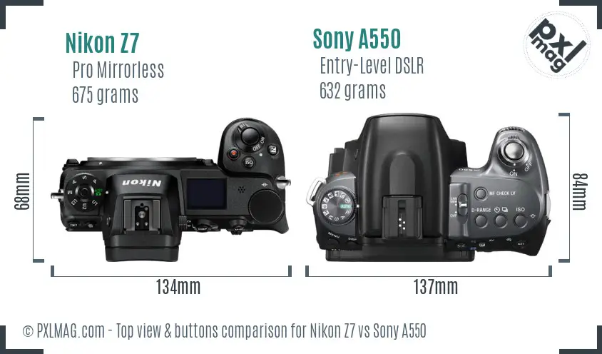 Nikon Z7 vs Sony A550 top view buttons comparison