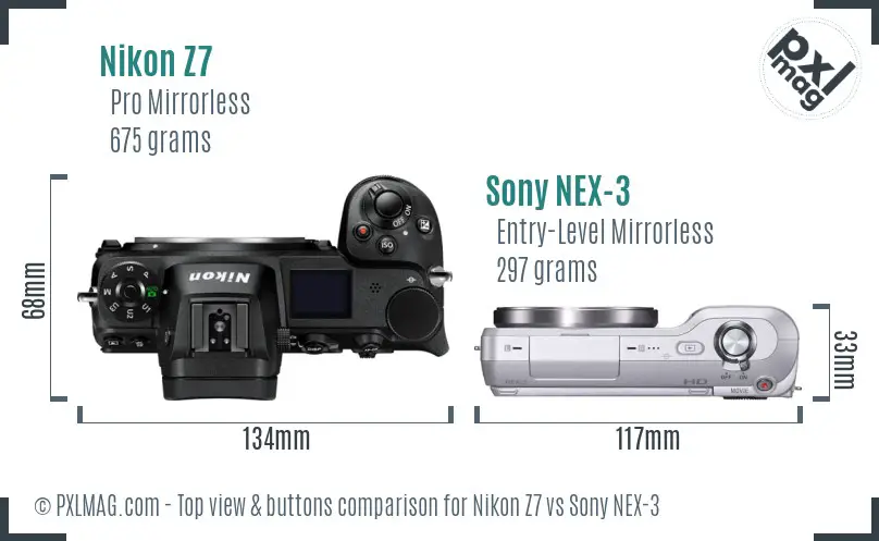 Nikon Z7 vs Sony NEX-3 top view buttons comparison