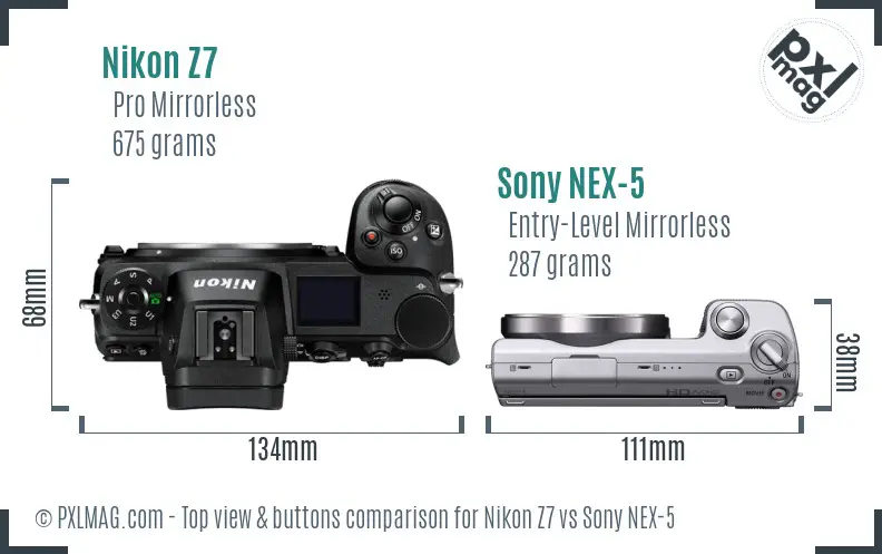 Nikon Z7 vs Sony NEX-5 top view buttons comparison Nikon Z7 vs Sony NEX-5 top view buttons comparison