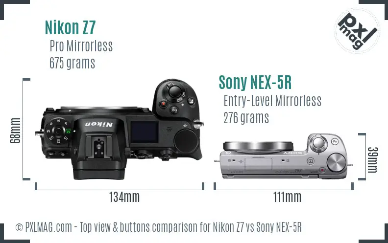 Nikon Z7 vs Sony NEX-5R top view buttons comparison Nikon Z7 vs Sony NEX-5R top view buttons comparison