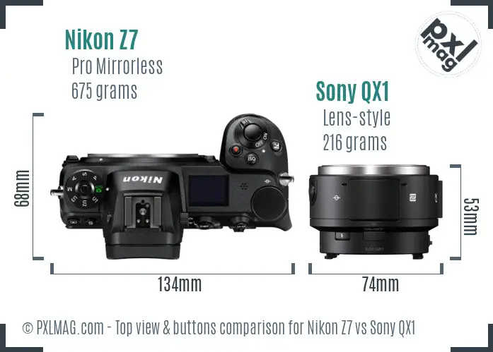 Nikon Z7 vs Sony QX1 top view buttons comparison Nikon Z7 vs Sony QX1 top view buttons comparison
