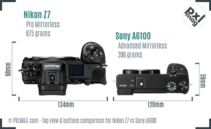 Nikon Z7 vs Sony A6100 top view buttons comparison Nikon Z7 vs Sony A6100 top view buttons comparison