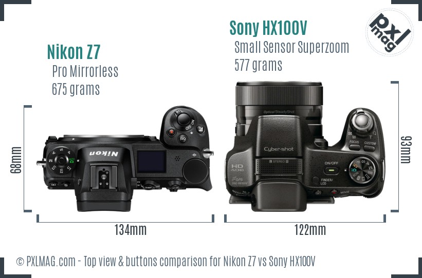 Nikon Z7 vs Sony HX100V top view buttons comparison