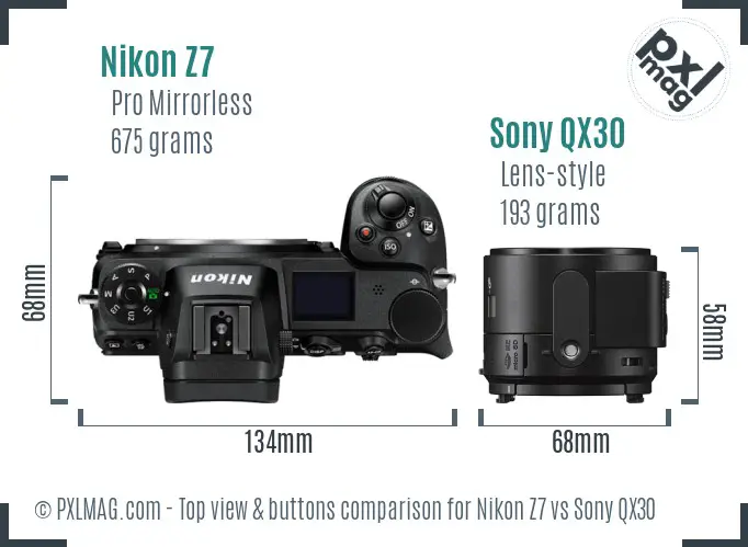 Nikon Z7 vs Sony QX30 top view buttons comparison