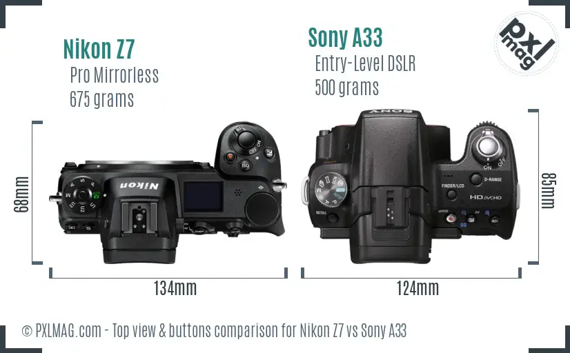 Nikon Z7 vs Sony A33 top view buttons comparison