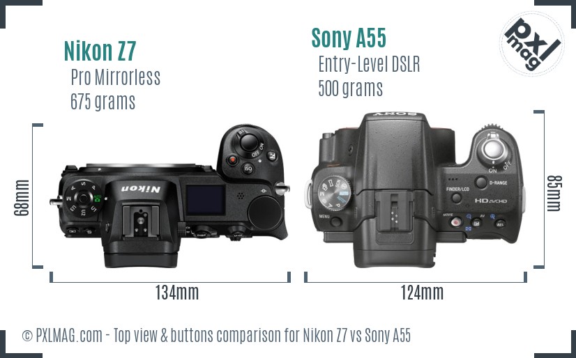 Nikon Z7 vs Sony A55 top view buttons comparison
