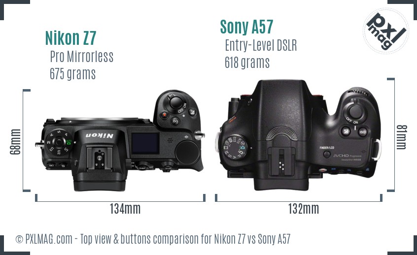 Nikon Z7 vs Sony A57 top view buttons comparison