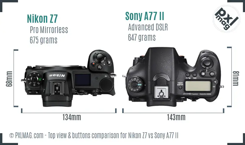 Nikon Z7 vs Sony A77 II top view buttons comparison