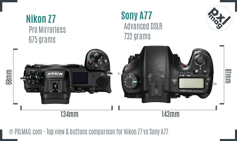 Nikon Z7 vs Sony A77 top view buttons comparison Nikon Z7 vs Sony A77 top view buttons comparison