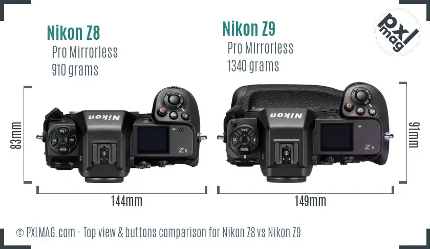 Nikon Z8 vs Nikon Z9 top view buttons comparison