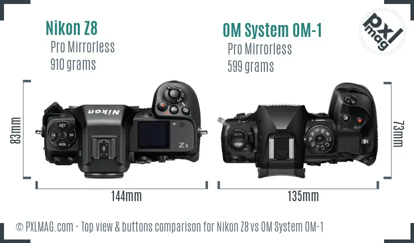 Nikon Z8 vs OM System OM-1 top view buttons comparison